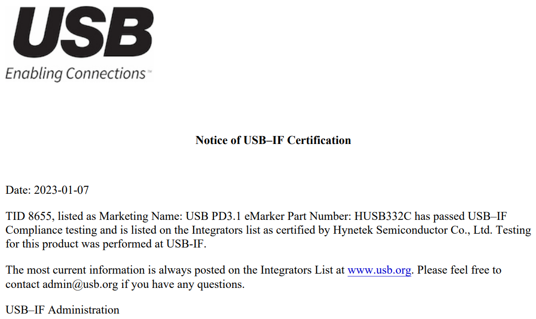 Hynetek-USB eMarker HUSB332C PD3.1 certified comes with over-temperature protection